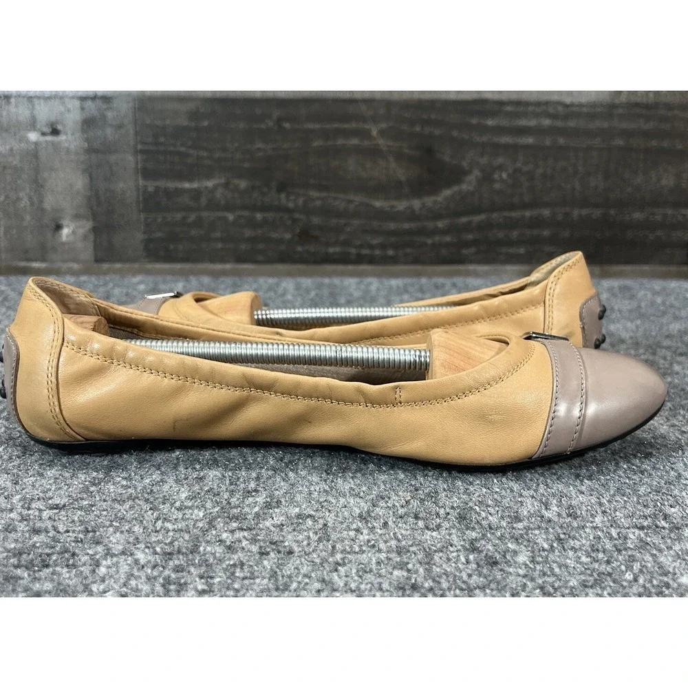 Tod's Leather Ballet Flats Beige Gray Cap Toe Womens Shoes EU 39.5 US 9.5